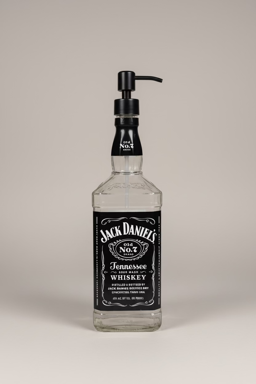 A Jack Daniels themed soap dispenser with a black pump, designed to look like a whiskey bottle, placed on a surface with a background that includes a flower vase and a framed picture.