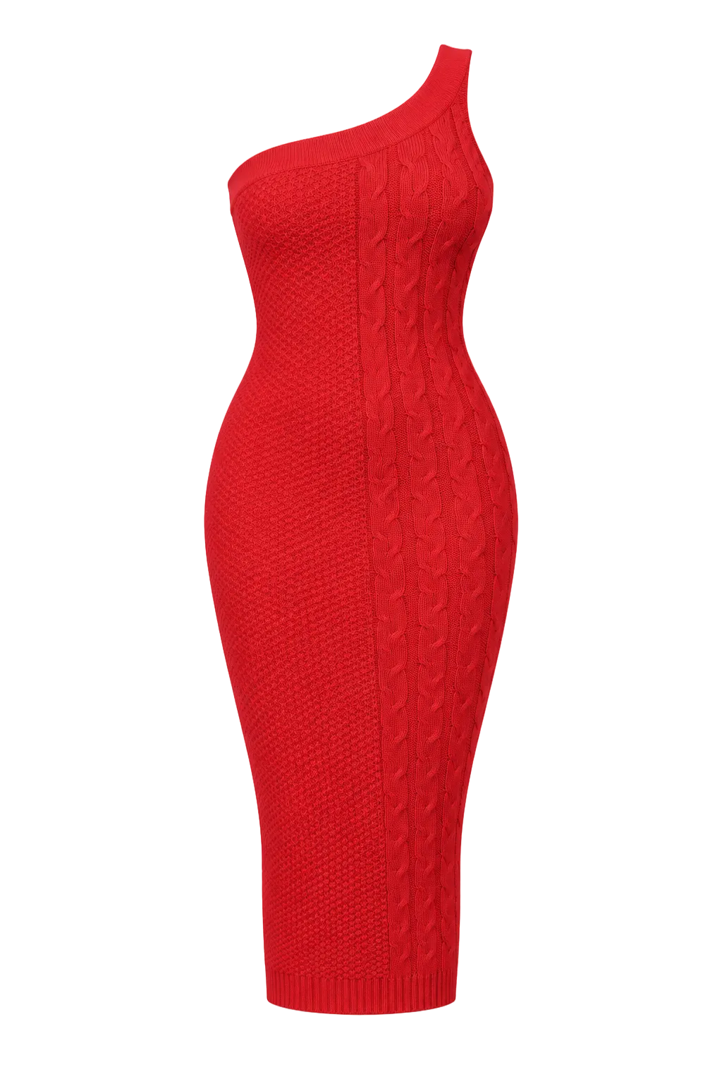 A bright red one-shoulder cable-knit midi dress with a fitted silhouette, shown against a plain white background.