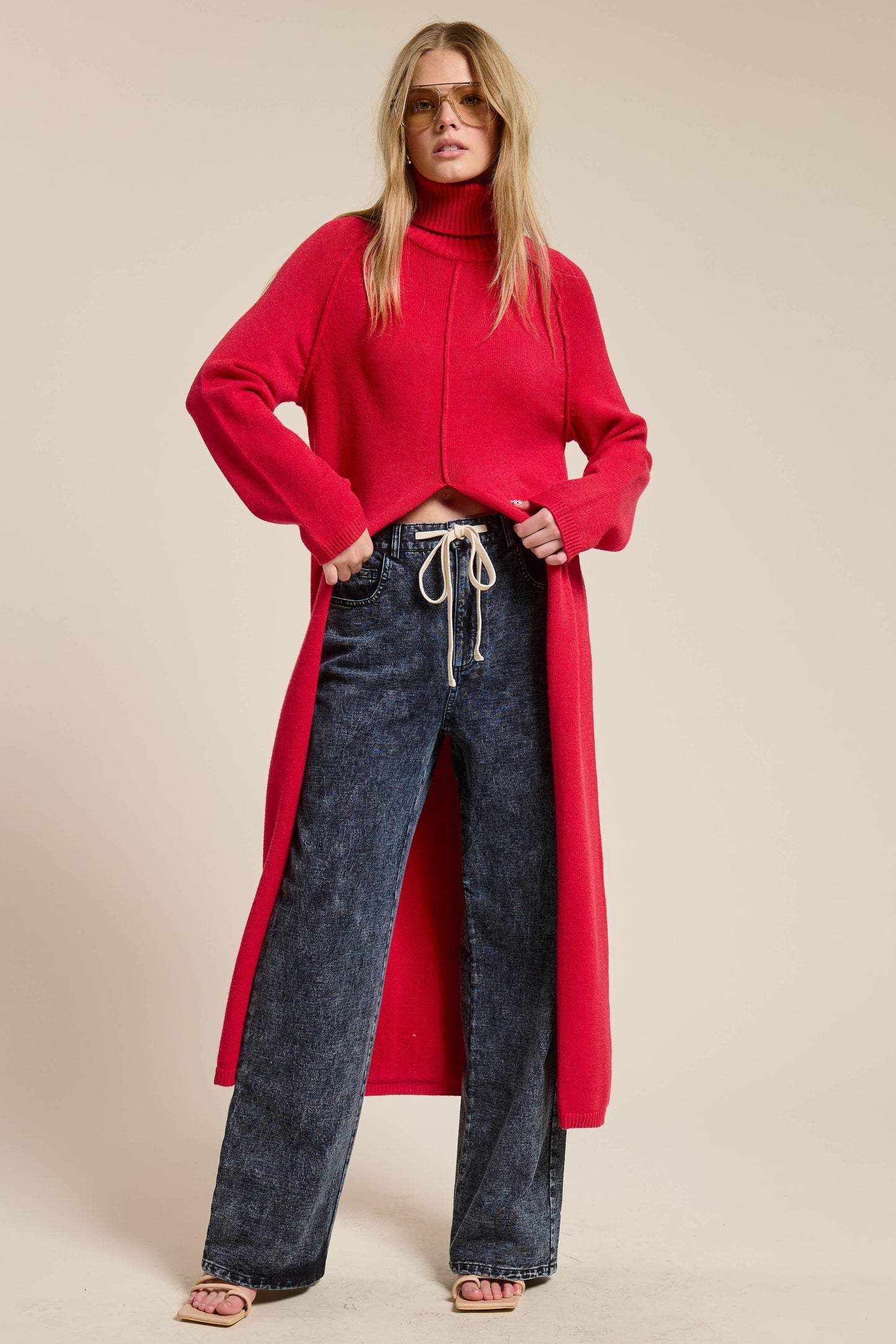 Ribbed Turtleneck TunicHigh Low Sweater with Slit - Red