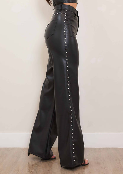 Faux Leather Wide Leg Pants With Pearl