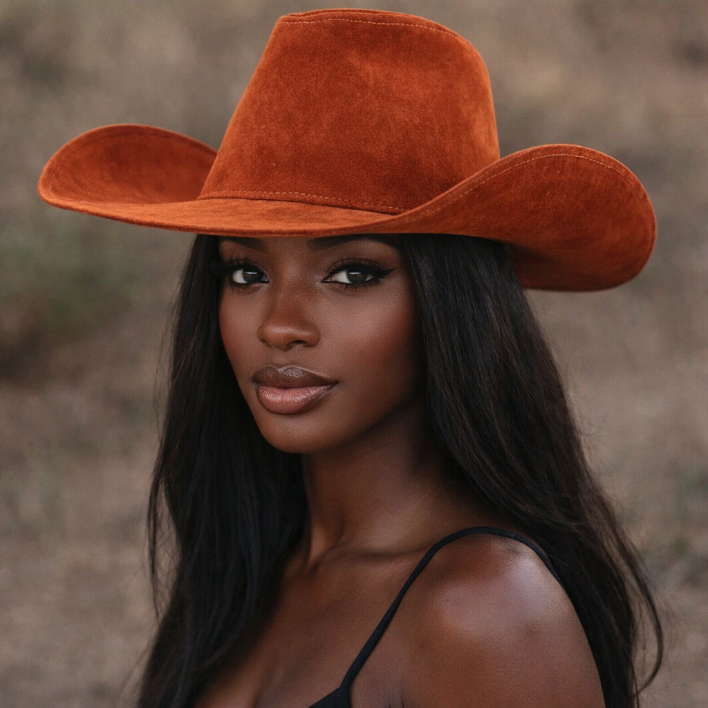 Cowboy Hat - Soft Sueded Western in vibrant orange color, model wearing it outdoors.
