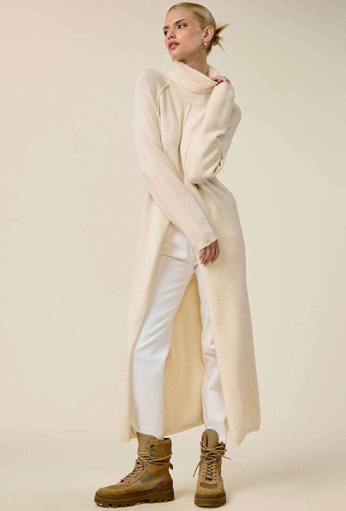 Ribbed Turtleneck Tunic High Low Sweater with Slit
