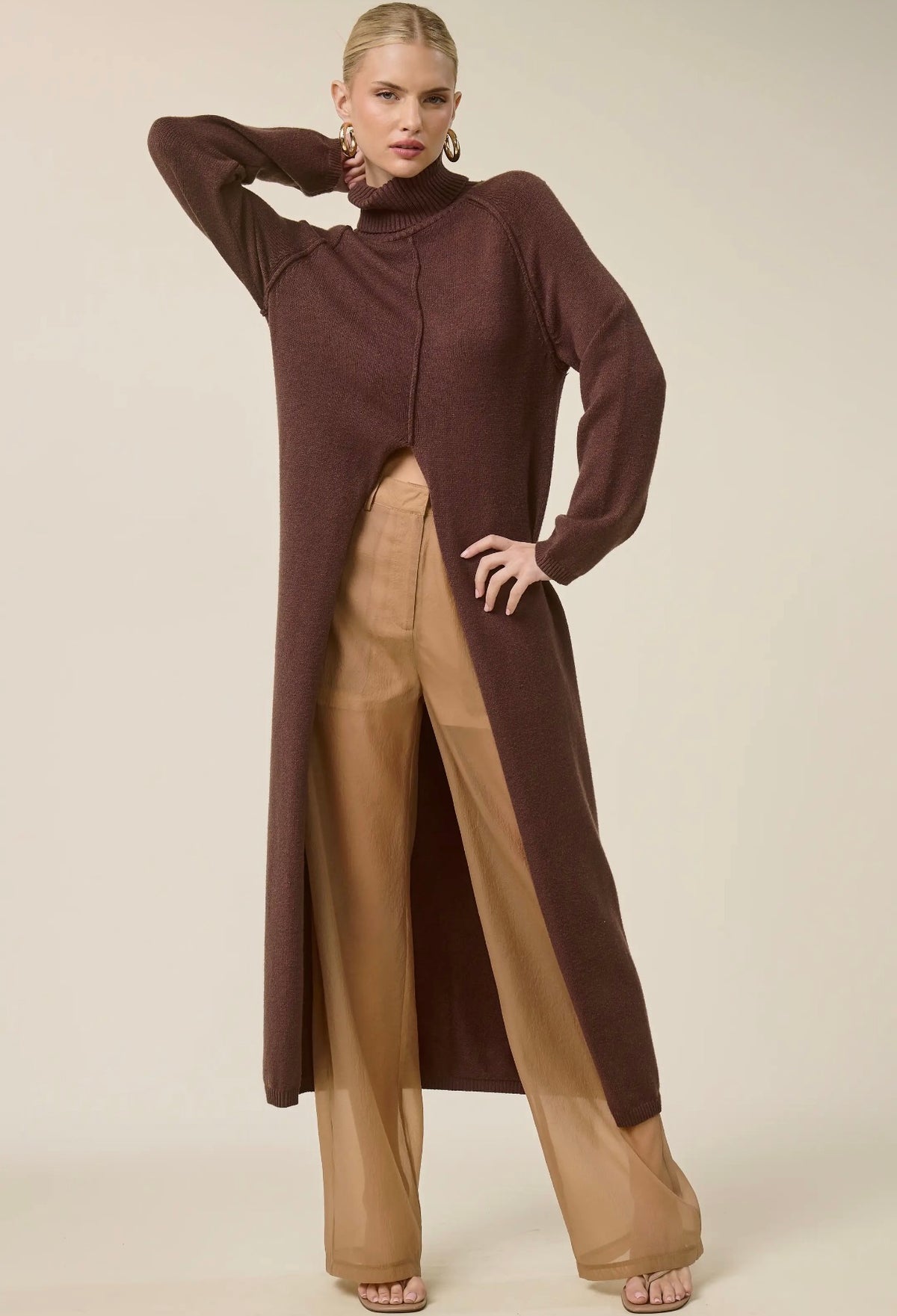 Ribbed Turtleneck Tunic High Low Sweater with Slit
