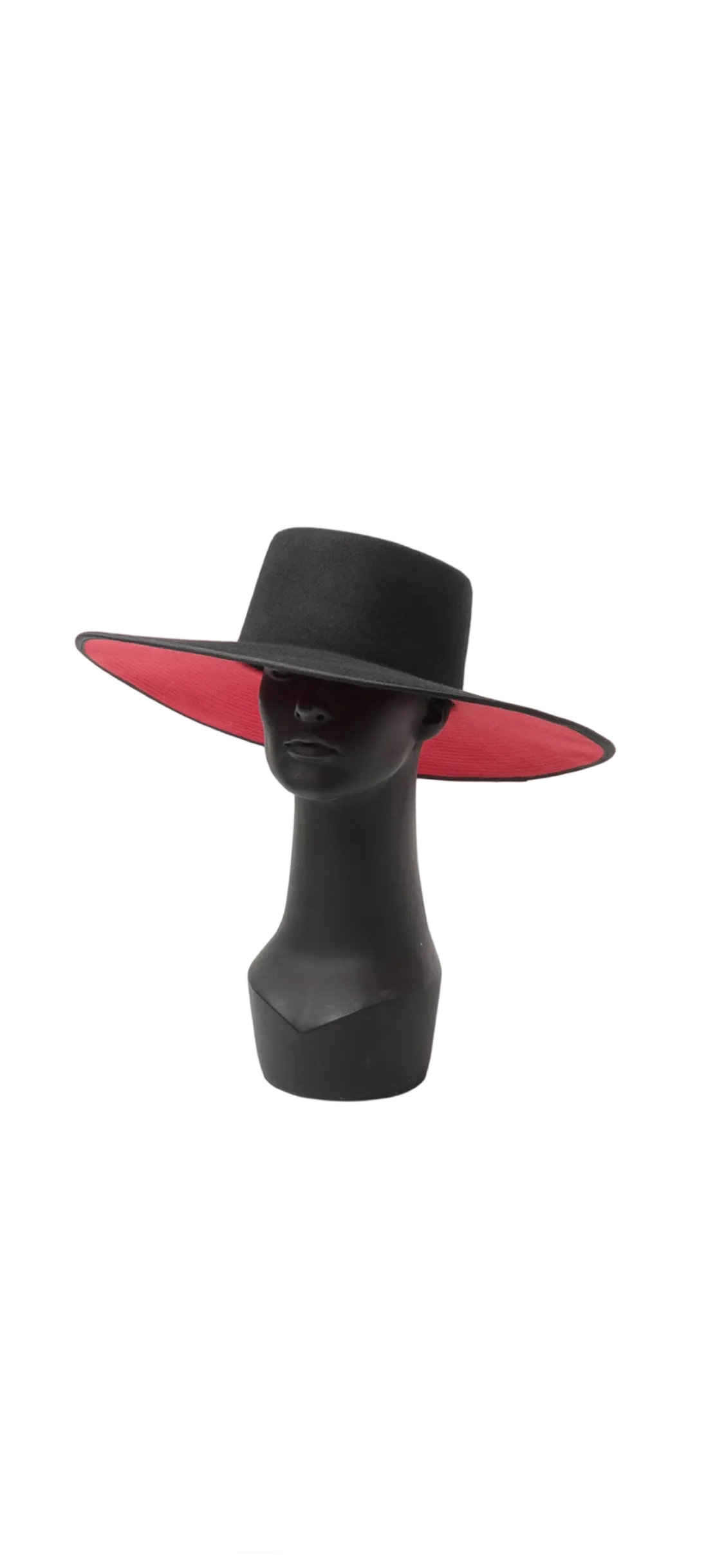 A black wide-brim hat with a vibrant red underside, displayed on a black mannequin head against a white background.