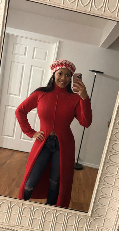 Women's red High Low Sweater with Slit
