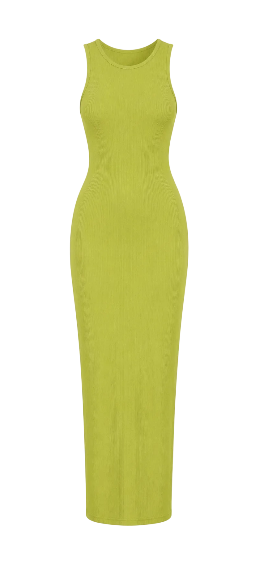A sleeveless, bodycon maxi dress in a bright lime green color, shown against a plain white background.