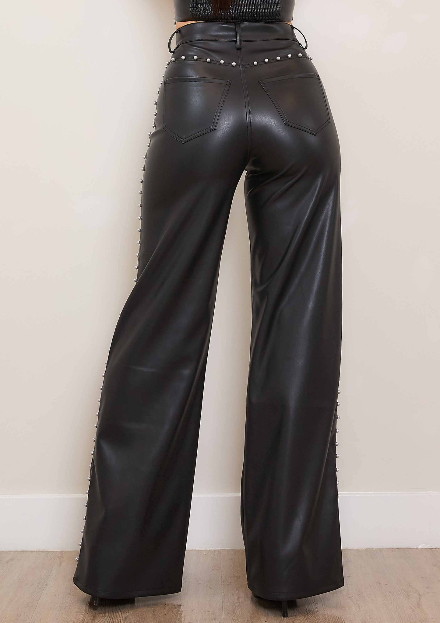 Faux Leather Wide Leg Pants With Pearl