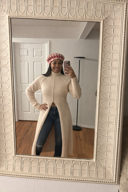 Ribbed Turtleneck TunicHigh Low Sweater with Slit - Beige