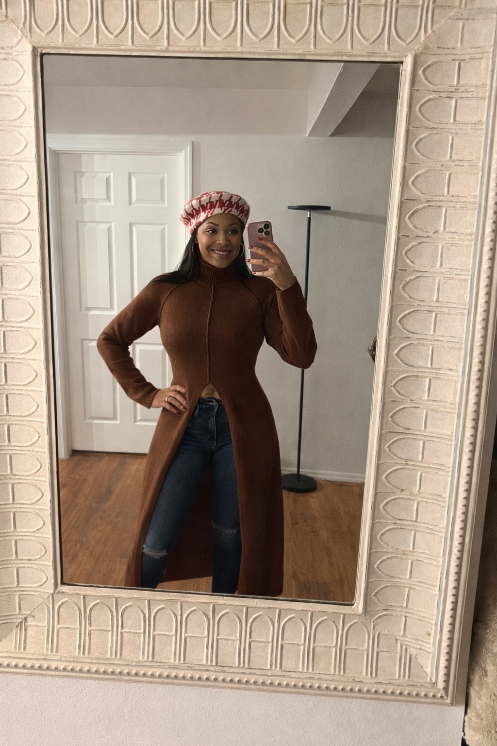 Ribbed Turtleneck TunicHigh Low Sweater with Slit - Brown