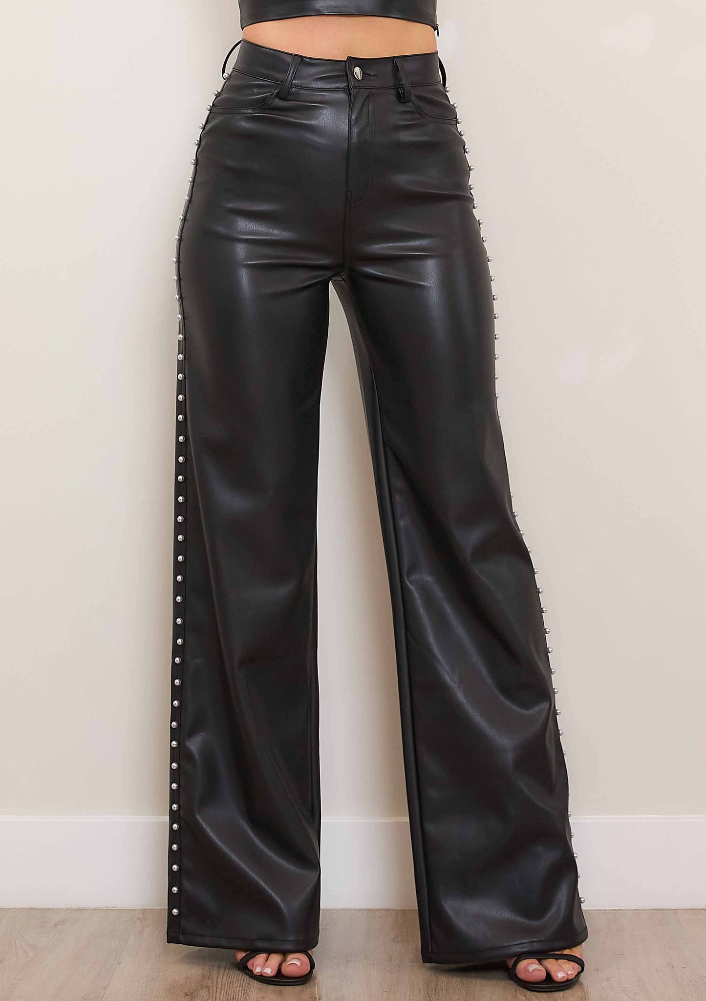 Faux Leather Wide Leg Pants With Pearl