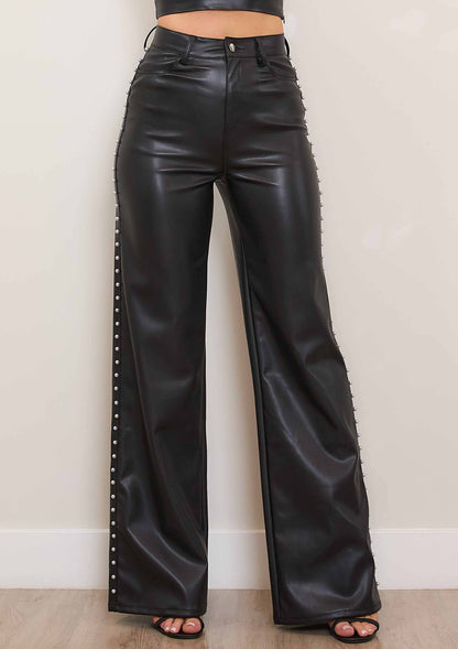 Faux Leather Wide Leg Pants With Pearl