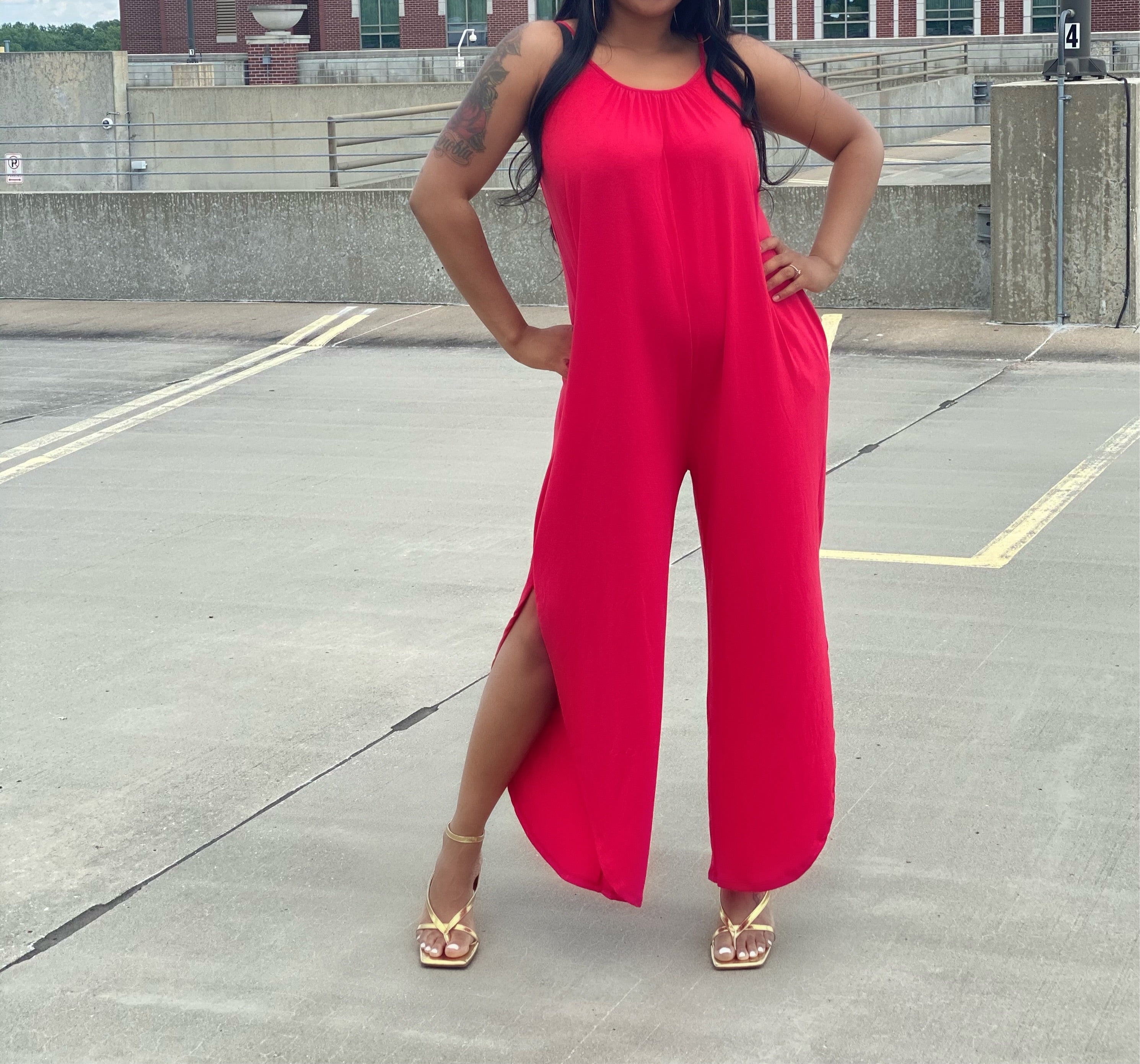 Extra Stretch Jumpsuit Ruby Red SheWitIt